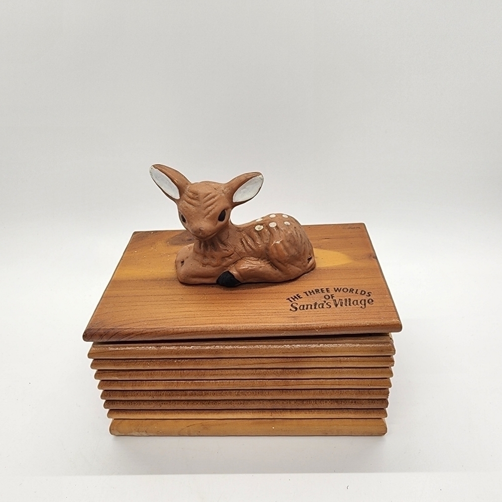 Vintage wood jewelry trinket treasure box baby deer Santa's Village